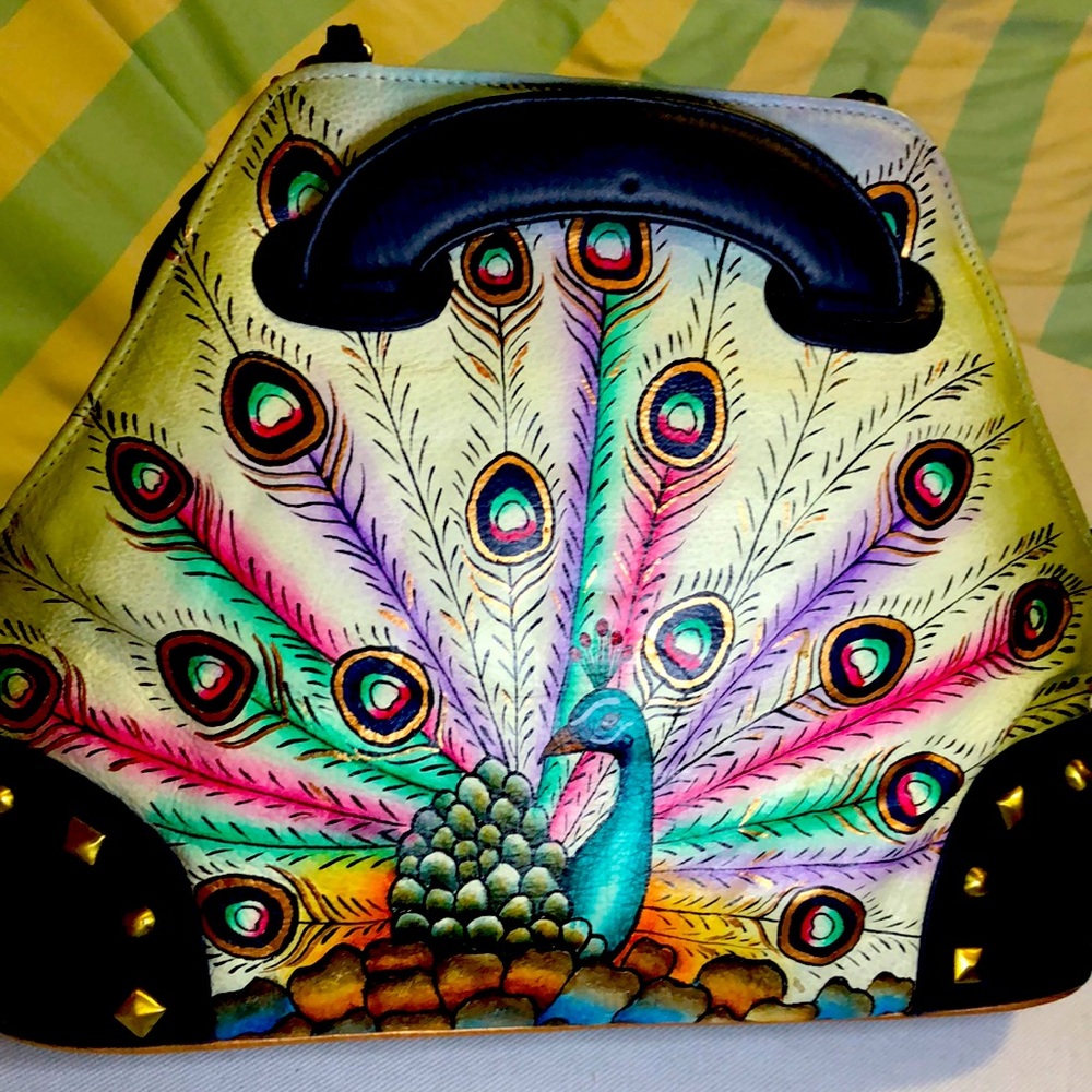 New Magnifique Bag Blue and Green Peacock hand-Painted Leather Satchel Bag